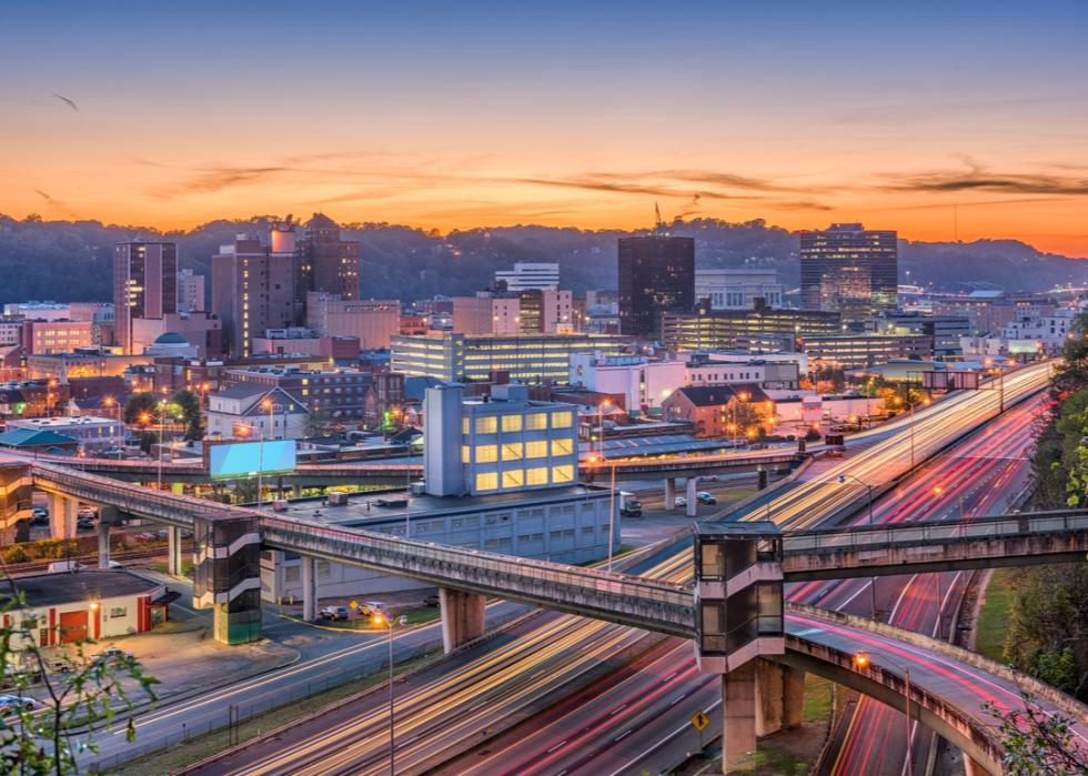 Skyline of Charleston, West Virginia at sunset.