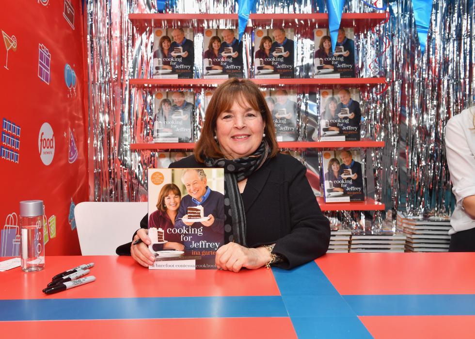 Ina Garten signs cookbooks during the Food Network's rooftop birthday party