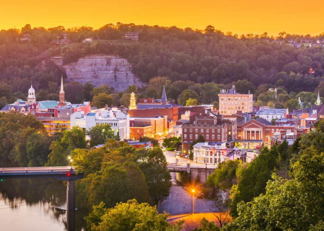 An aerial view of historic buildings in Frankfort at sunset.