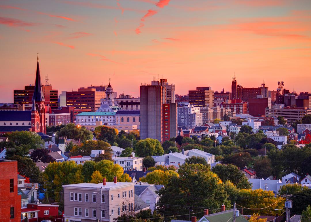 The Portland, Maine skyline at sunset.