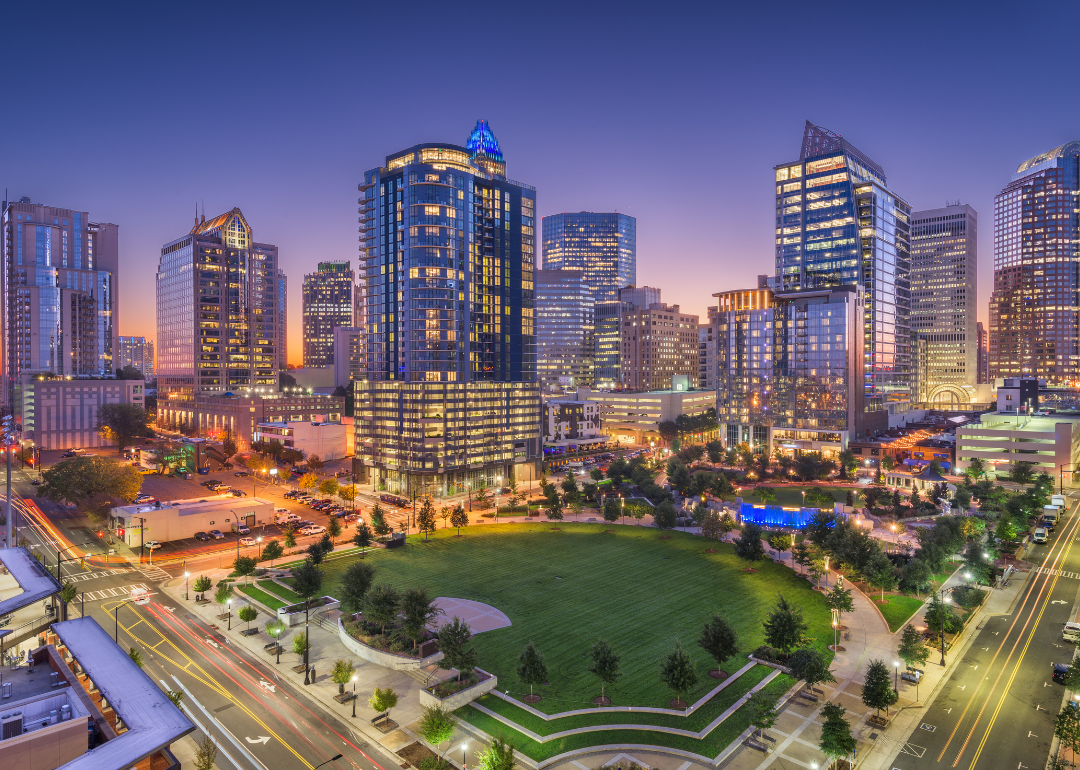 The downtown Charlotte skyline at night.