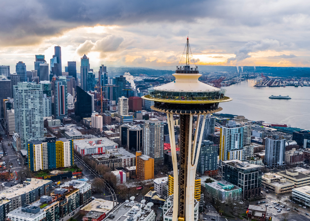 Aerial view of downtown Seattle near the space needle.