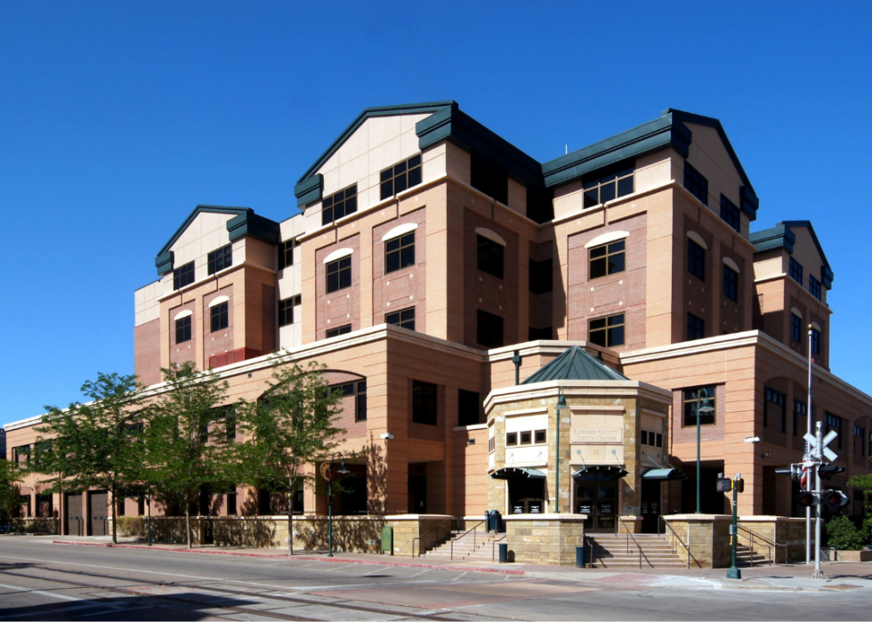 A building complex next to a railway crossing.