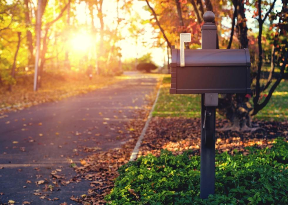 A black mailbox on a road in fall at sunset.