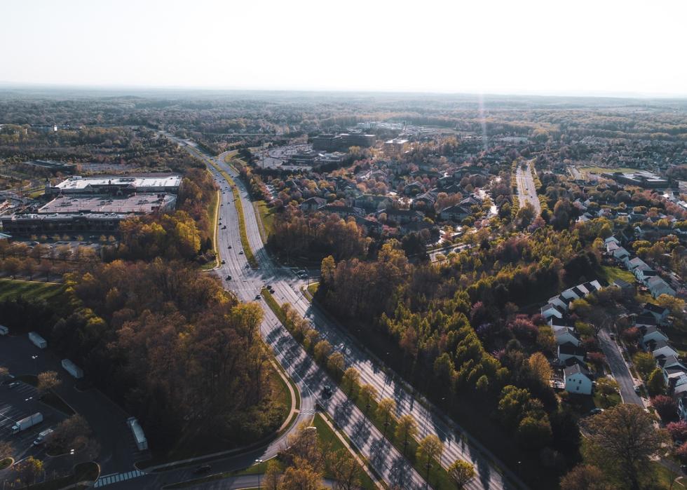An aerial view of residential neighborhoods and roads in Montgomery County, Maryland.