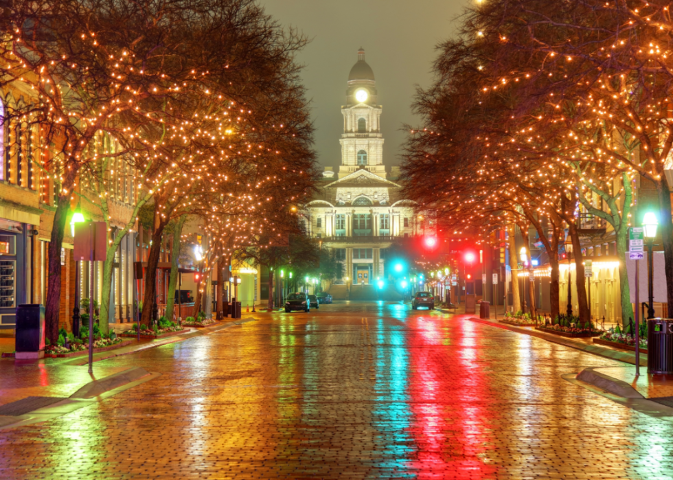 Trees covered in lights line main street in Fort Worth, Texas at night.