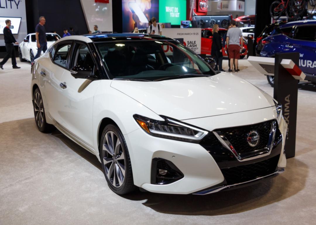 A white Nissan Maxima in a showroom.