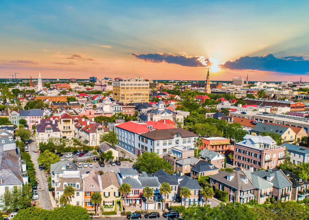 An aerial view of homes and downtown Charleston.