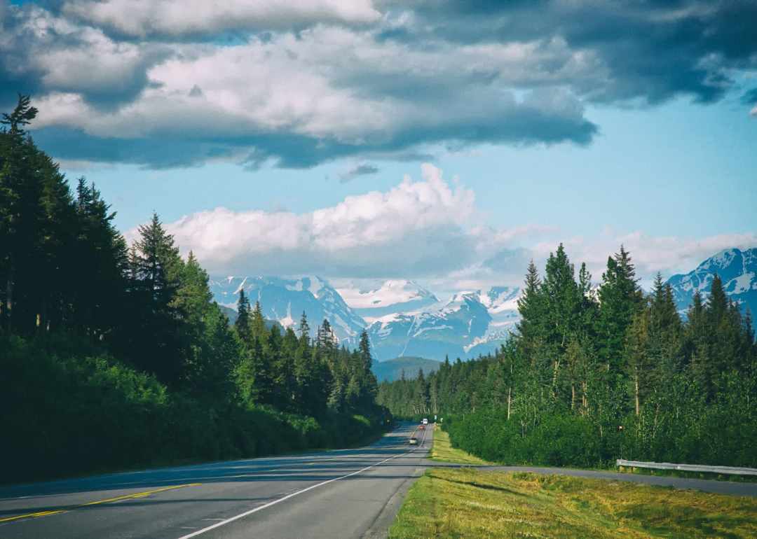 A highway lined with evergreen trees heading towards snowy mountains.