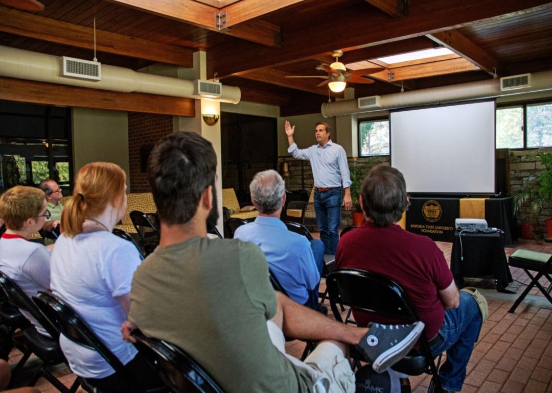 A guest lecturer teaches class at Emporia State University