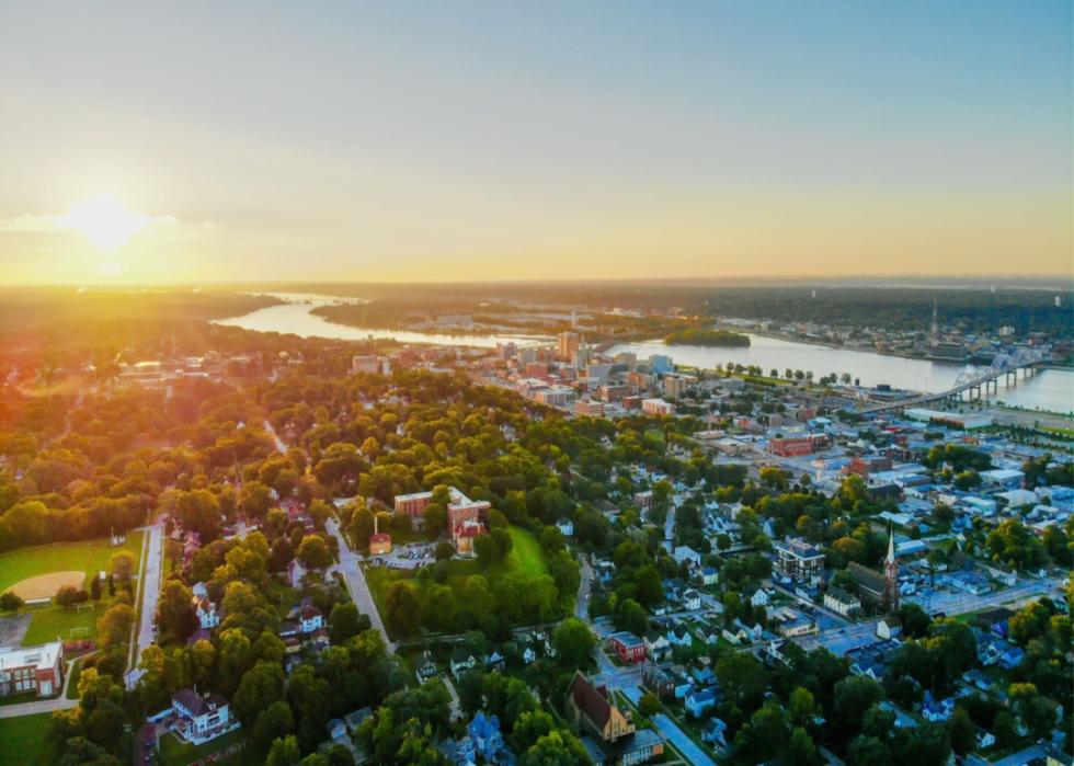 The skyline and sunset over Davenport, Iowa.