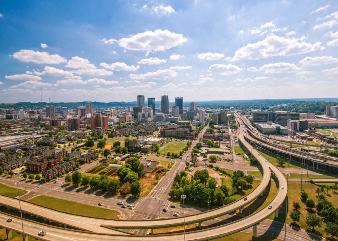 An urban garden with the Birmingham, Alabama skyline in the background.