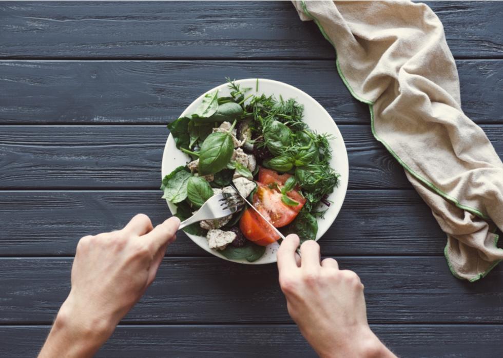 Looking down on a bowl of salad.