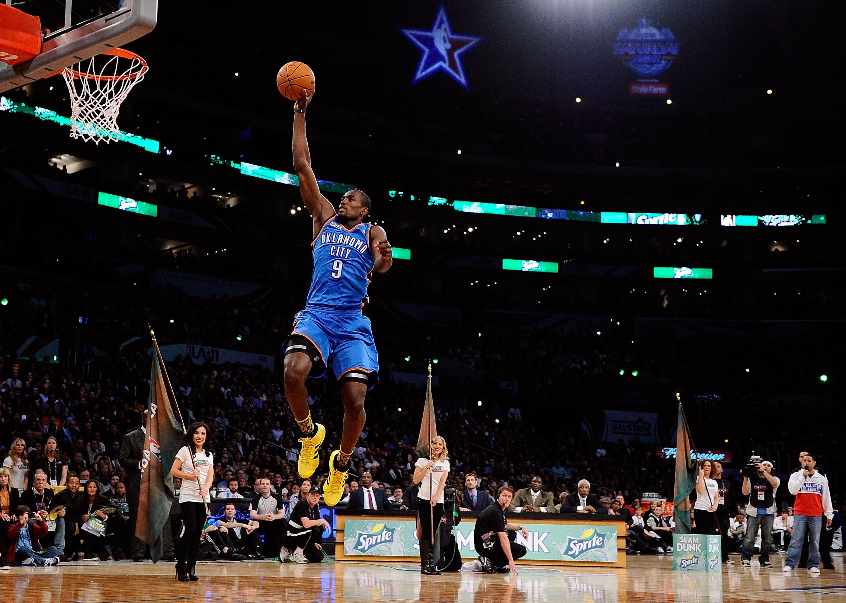 Serge Ibaka dunks the ball during a game in Los Angeles.