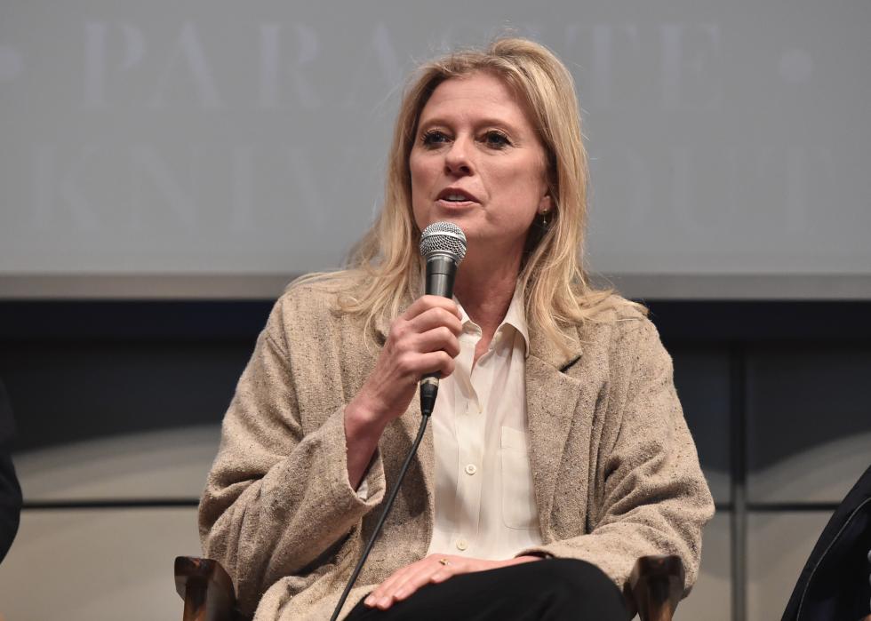 Jenno Topping speaks on a panel at the Annual Producers Guild Awards Nominees Breakfast