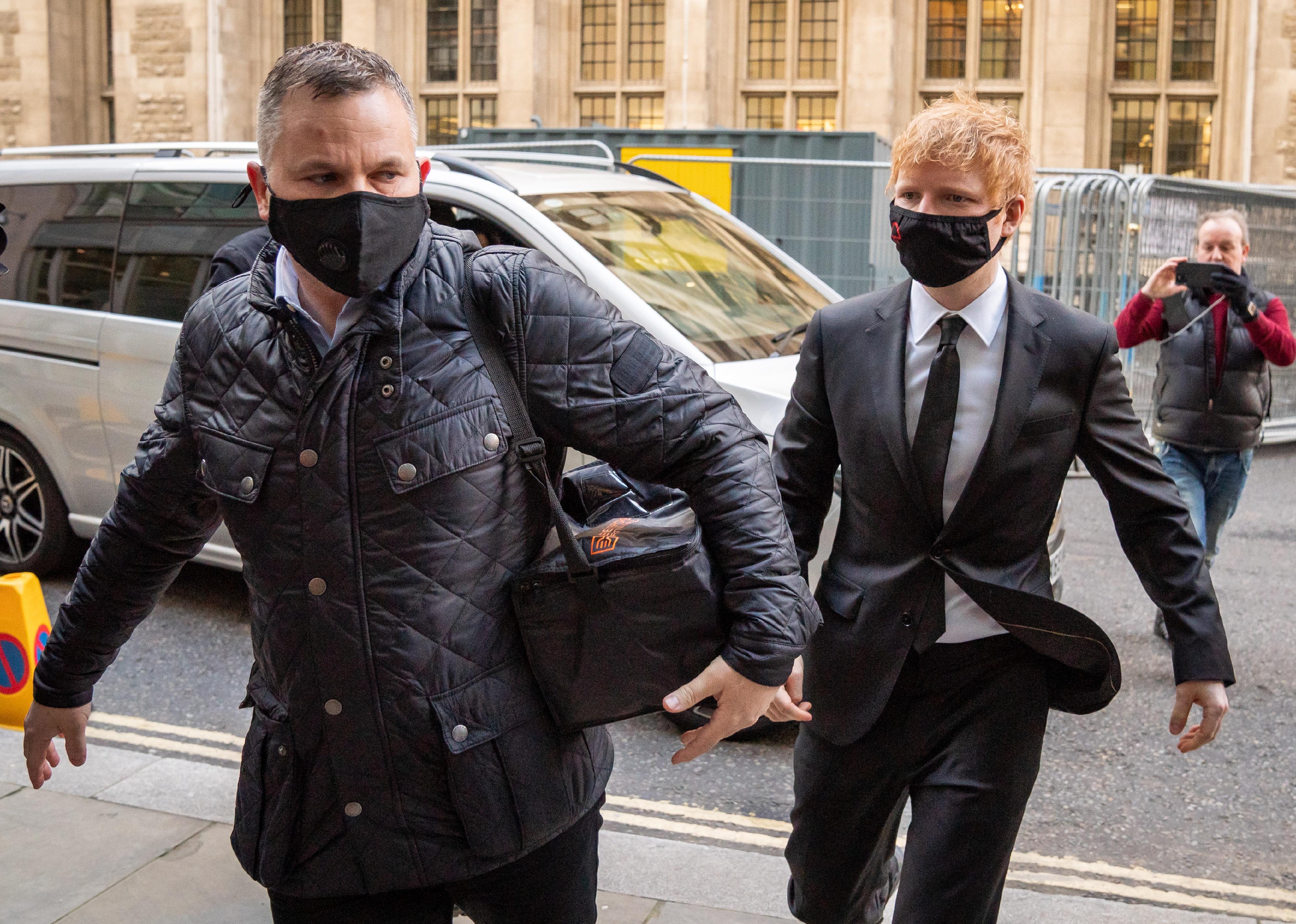 Ed Sheeran arrives at the Rolls Building at the High Court in London.