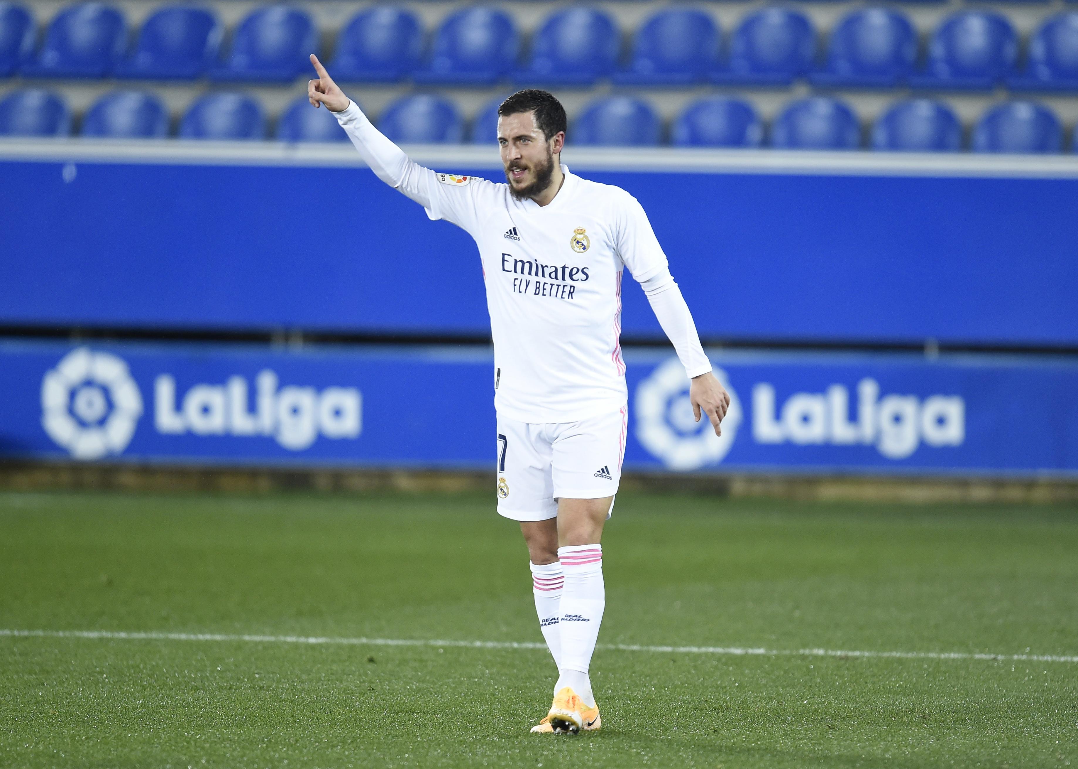 Eden Hazard of Real Madrid celebrates after scoring