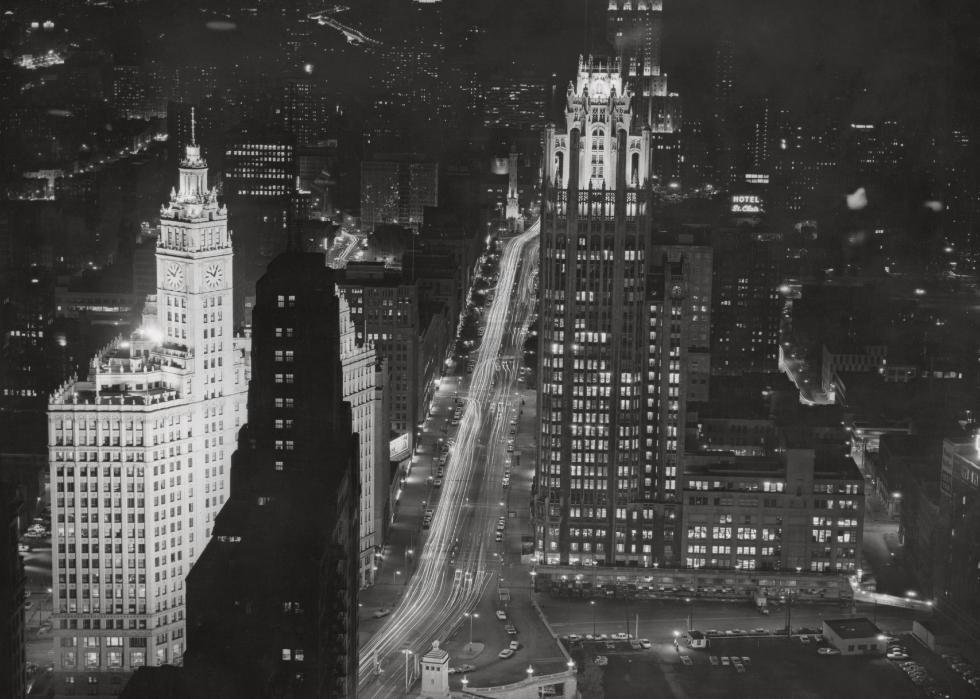 High angle view of the Chicago Business District by night