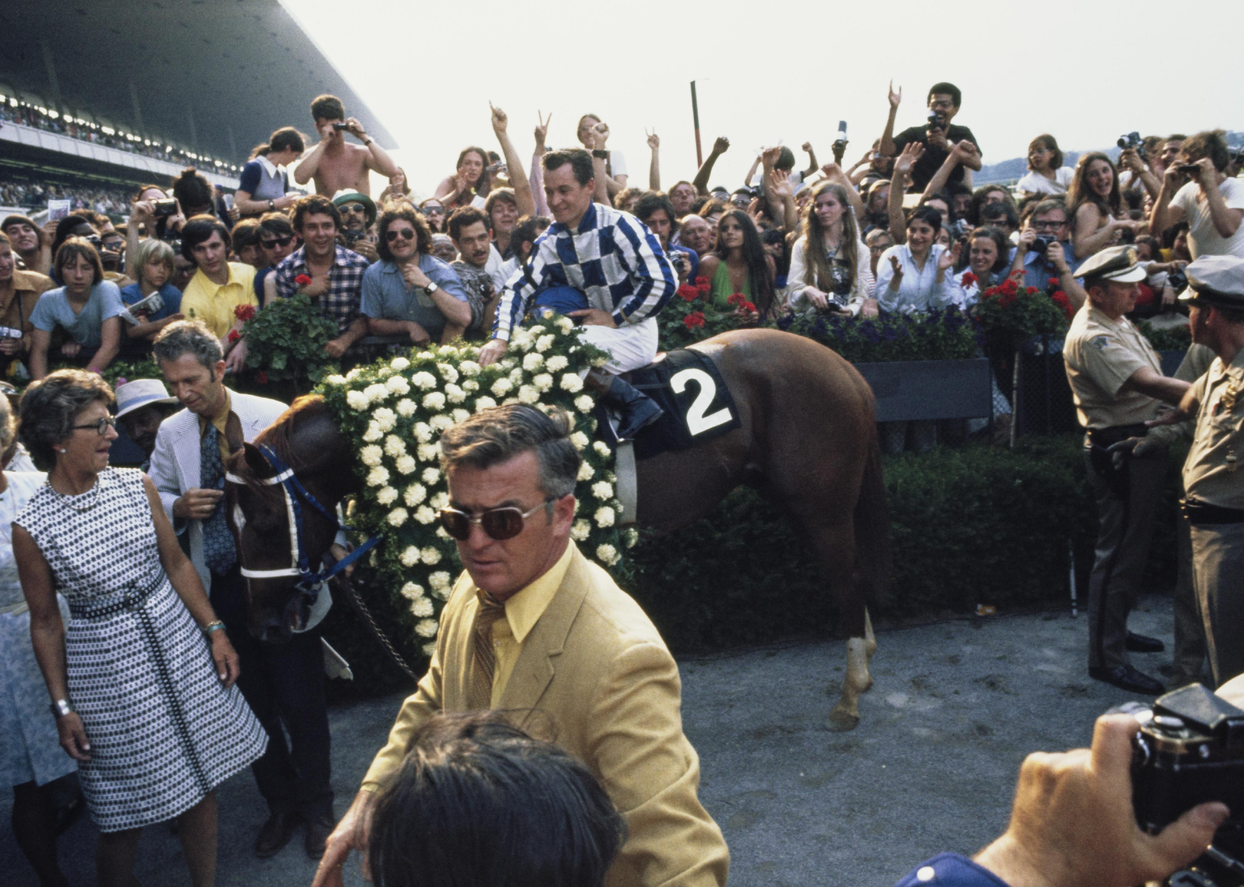 Canadian jockey Ron Turcotte riding Secretariat into the Winner's Circle.