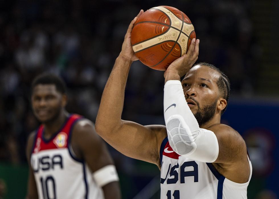 Jalen Brunson of USA shoots a free throw during the FIBA Basketball World Cup.