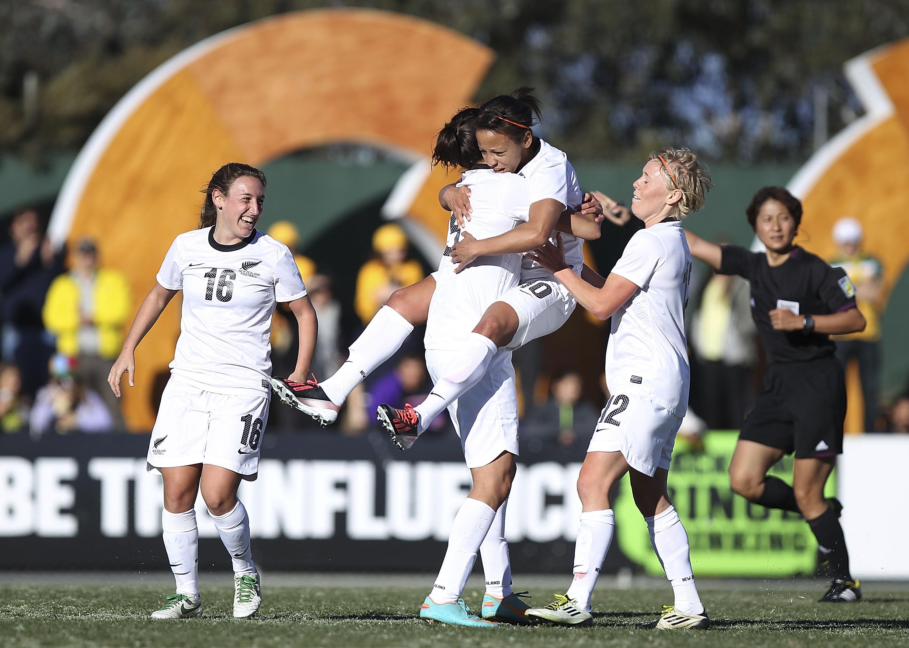 Sarah Gregorius of New Zealand celebrates after scoring a goal during the Women's International match between the Australian Matildas and the New Zealand Football Ferns.