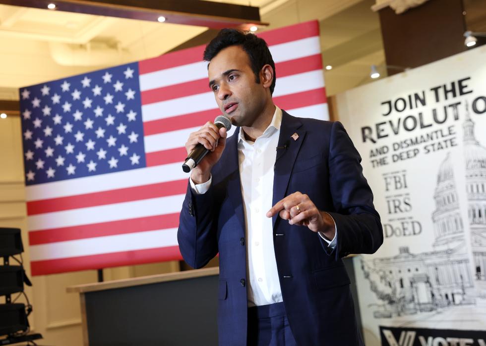 Vivek Ramaswamy speaks at his caucus night event. 