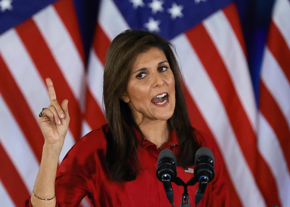 Nikki Haley speaks at her caucus night event.