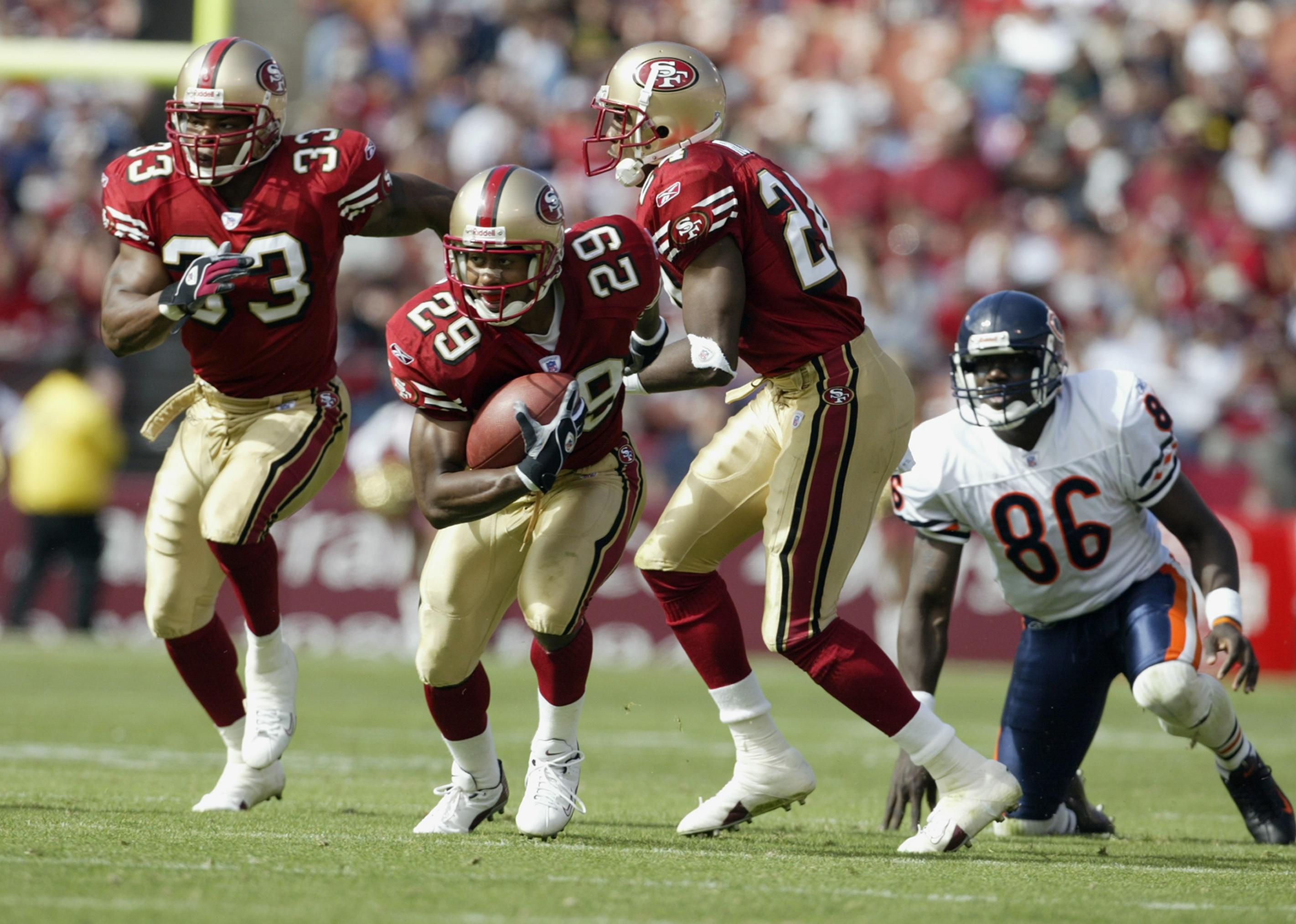 Ahmed Plummer #29 of the San Francisco 49ers intercepts a ball.