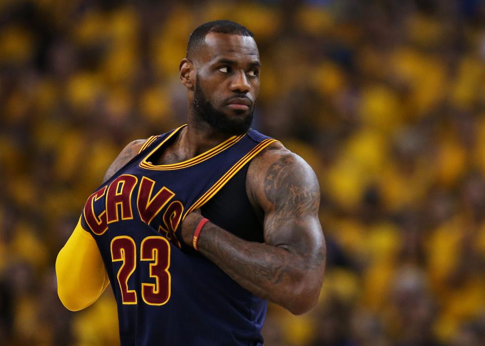 LeBron James of the Cleveland Cavaliers reacts during a game