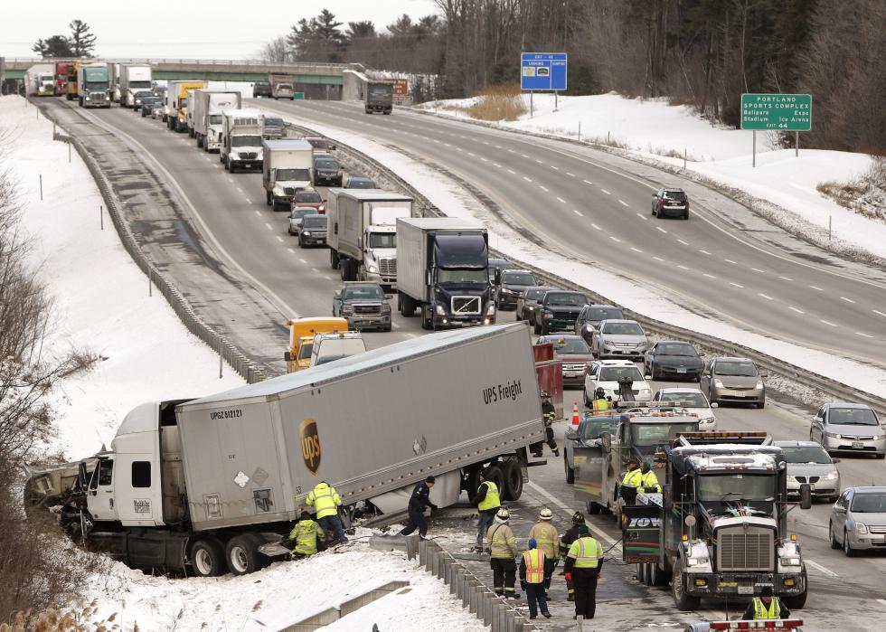 Jackknifed tractor trailer on Maine Turnpike