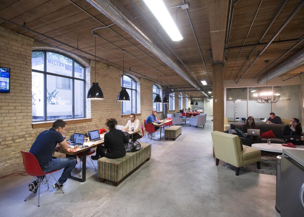 Wide view of a communal work room with people on laptops