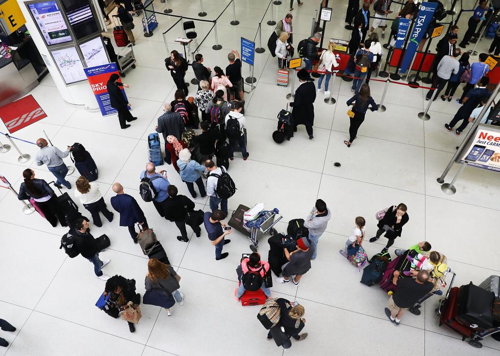 People wait in a security line at John F. Kennedy International Airport