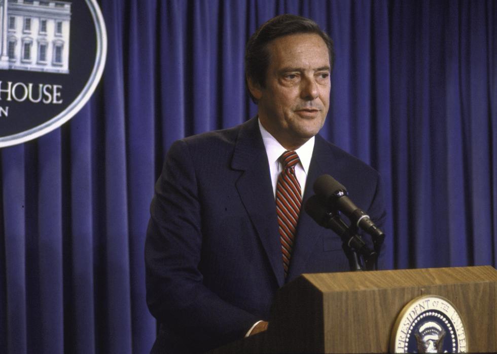 Secretary of Labor William E. Brock at a press conference