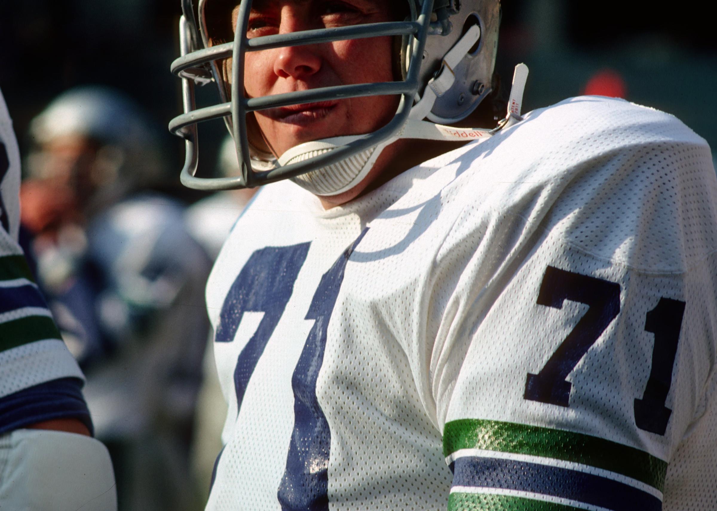 Defensive lineman Steve Niehaus of the Seattle Seahawks on the sideline.