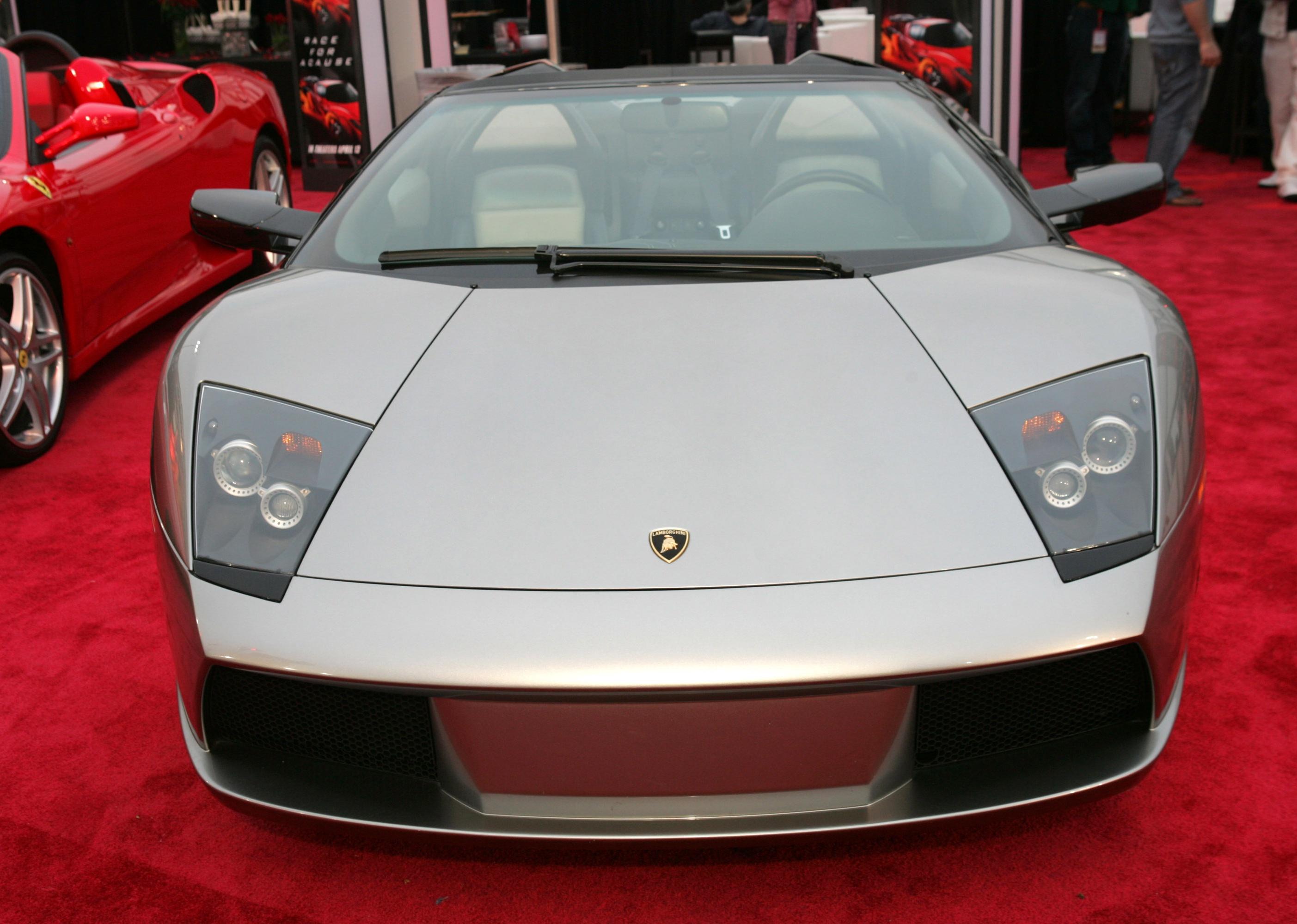 Silver Lamborghini Murcielago on display.