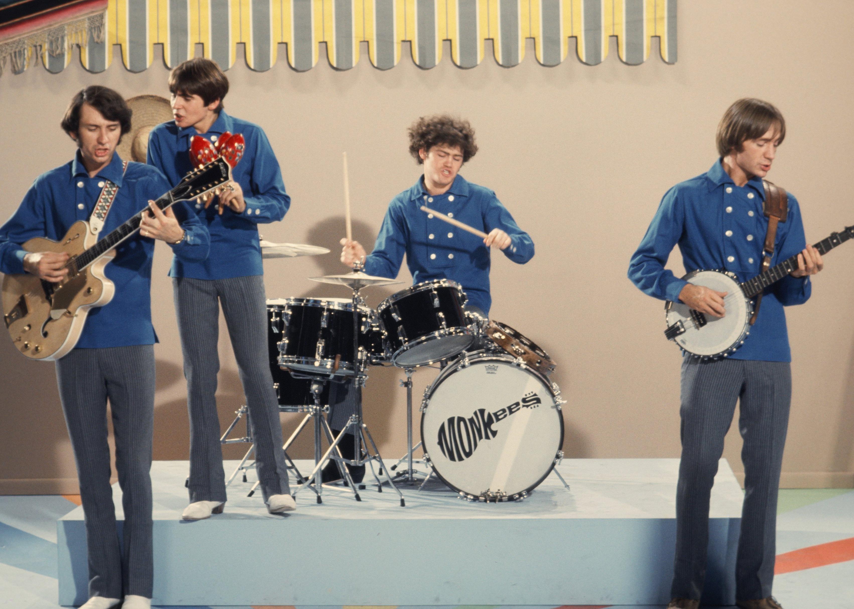 Davy Jones, Micky Dolenz, Peter Tork and Mike Nesmith on the set of the television show.