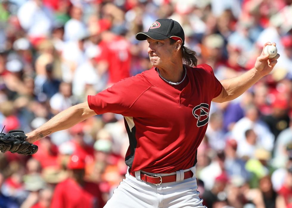 Randy Johnson pitches during a Spring Training game