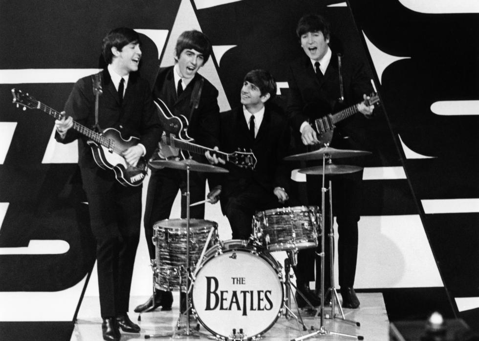 The Beatles on set at Alpha Television Studios.