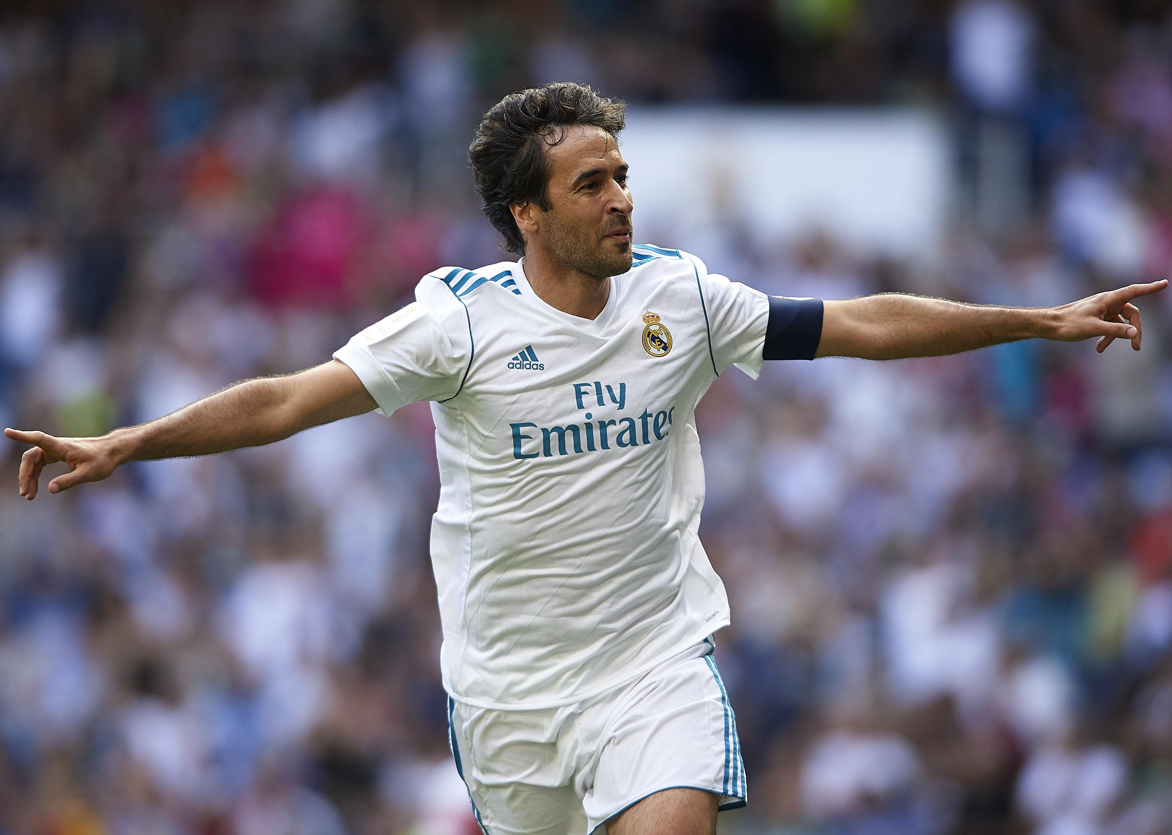 Raul Gonzalez Blanco of Real Madrid Legends celebrates scoring
