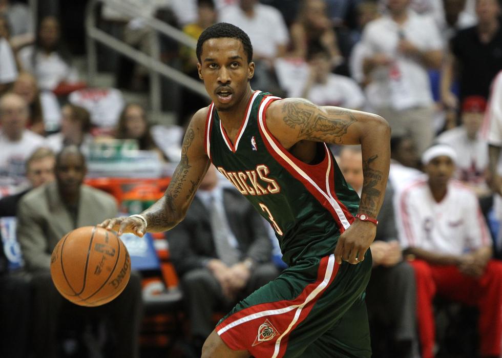 Guard Brandon Jennings of the Milwaukee Bucks dribbles with the ball.