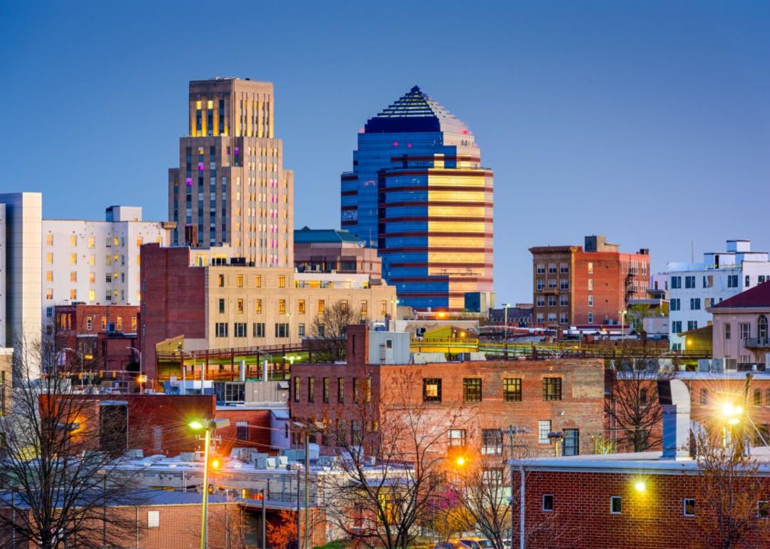 Durham, North Carolina skyline at sunset.