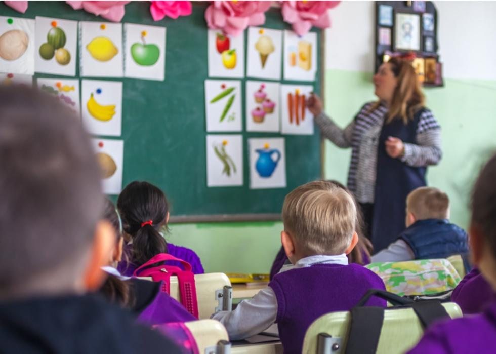 Elementary teacher pointing to chalkboard.
