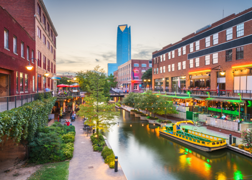 Busy restaurants and bars on a waterway in Oklahoma City, Oklahoma.