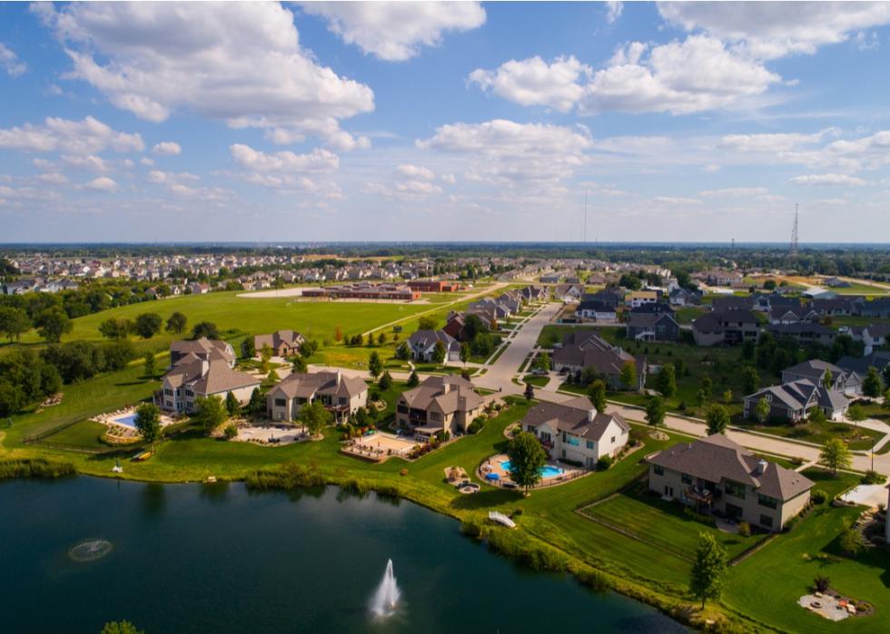 Aerial view of beautiful homes in Bettendorf, Iowa.