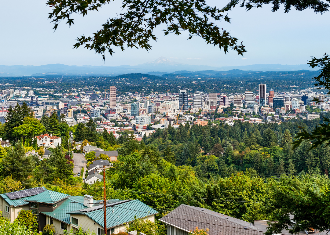 Homes in the hills with Portland in the background.