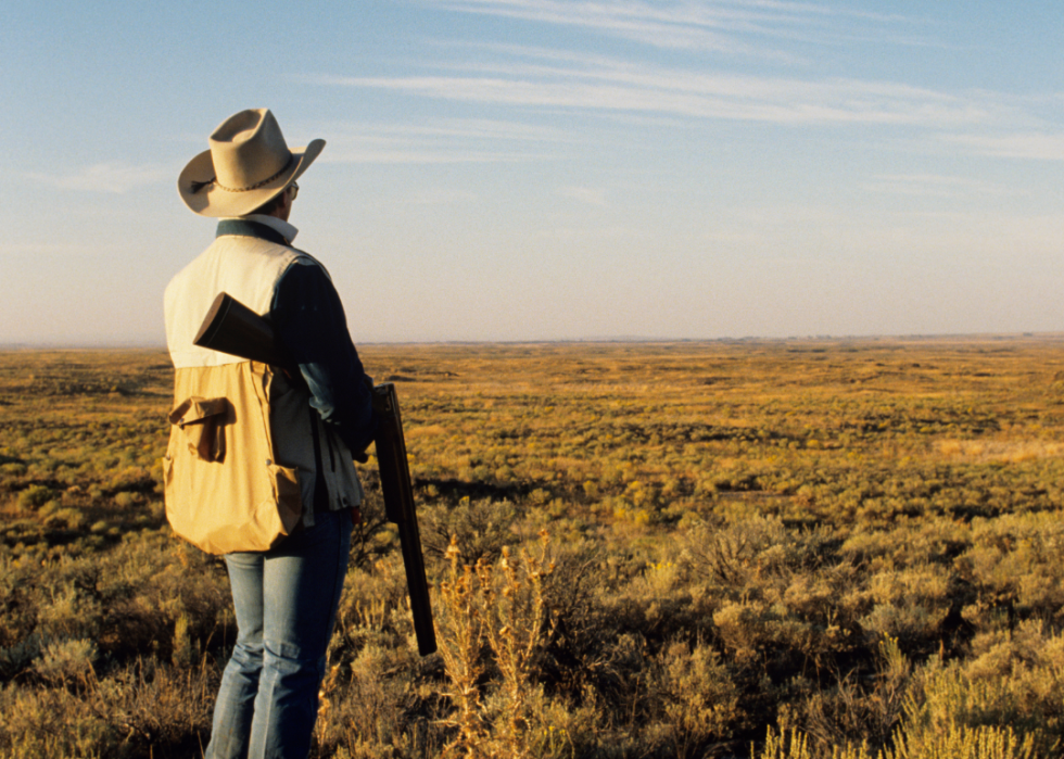 Man with rifle looking out across a plain.