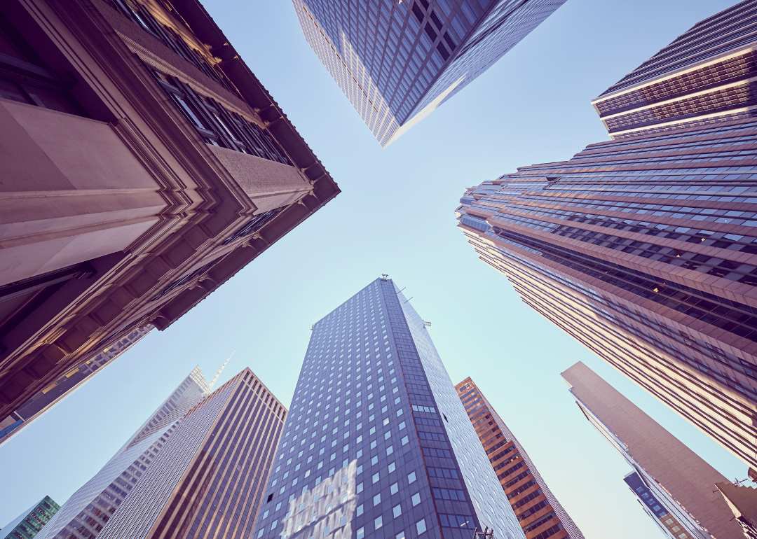 Skyscrapers from the ground looking up.