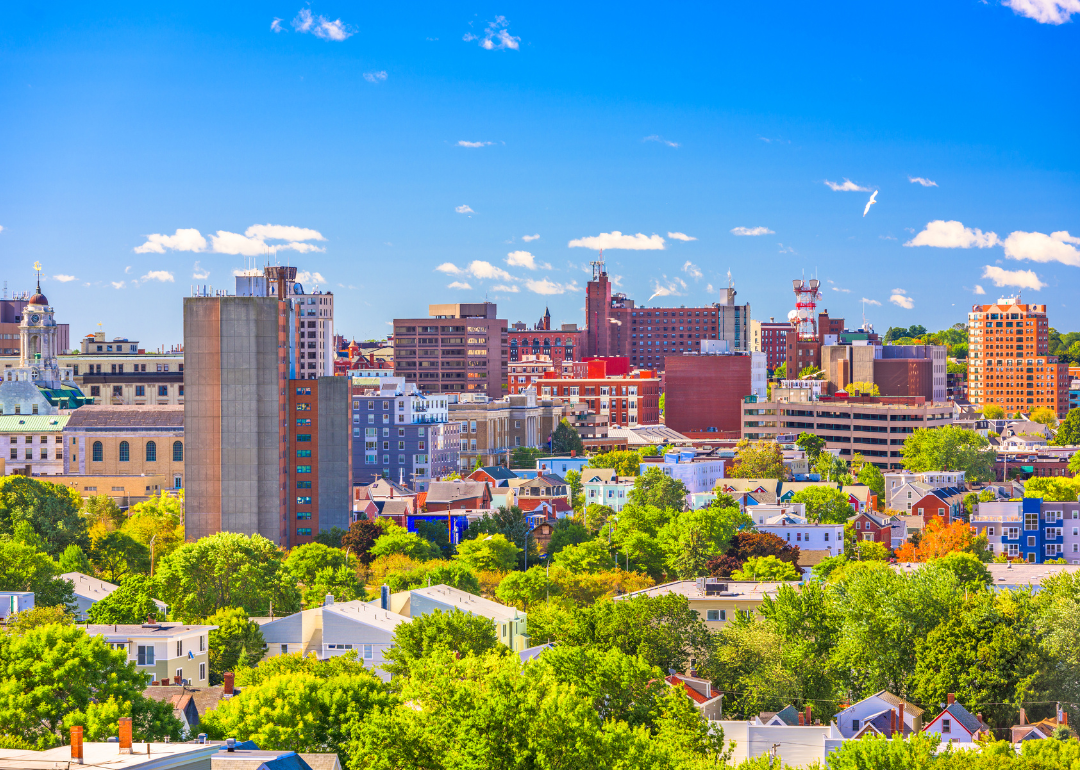 An aerial view of colorful buildings in Portland, Maine.