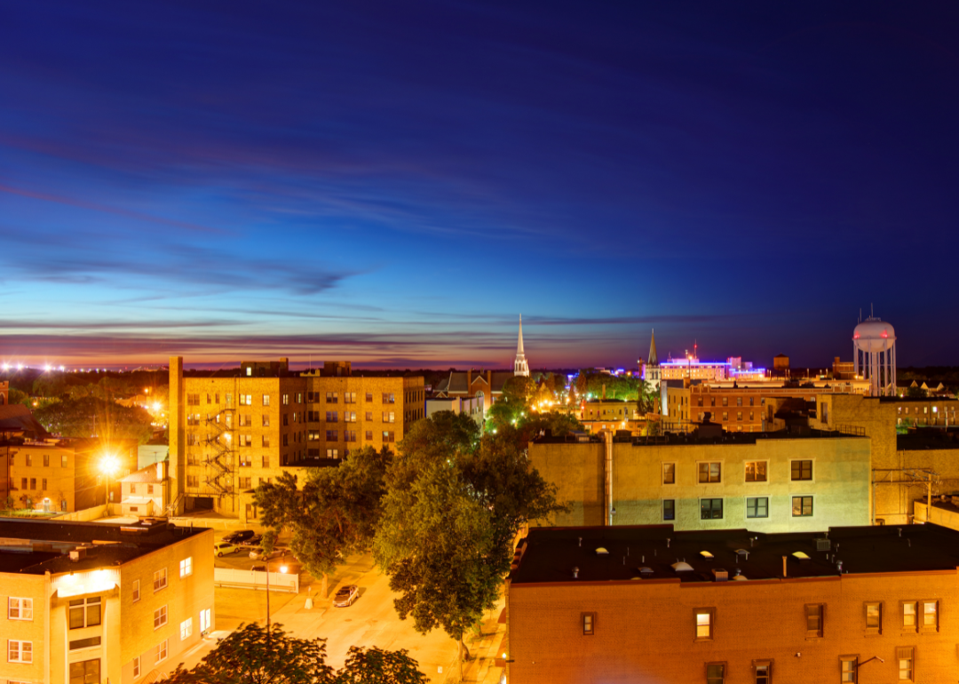 An aerial view of downtown Fargo at night.