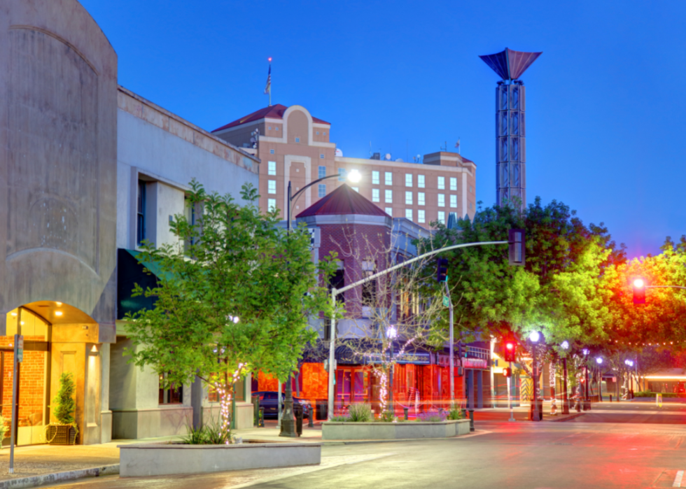 Downtown Modesto, California at dusk.
